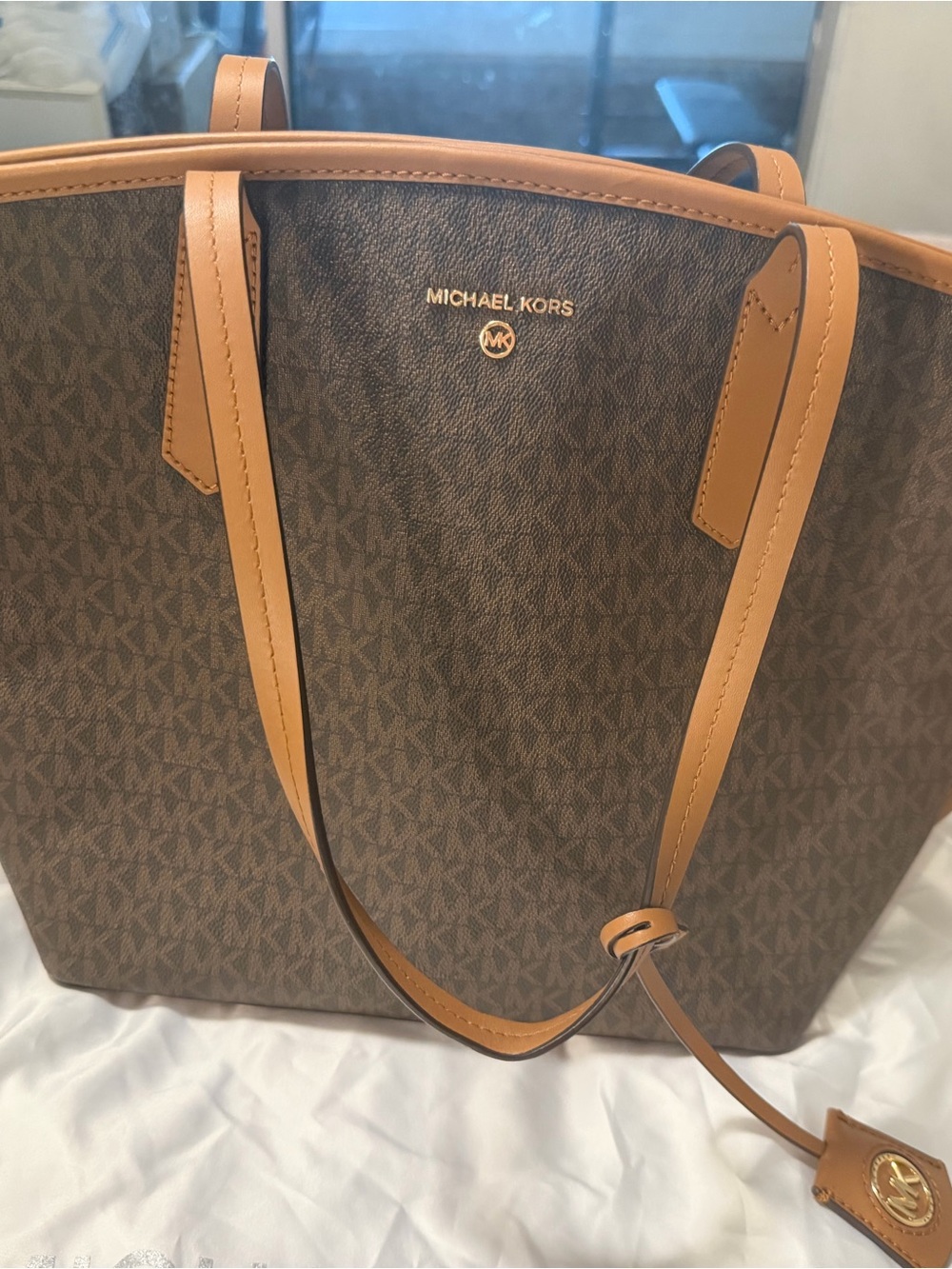 Michael Kors Brown Signature Monogram Tote with Tan Trim